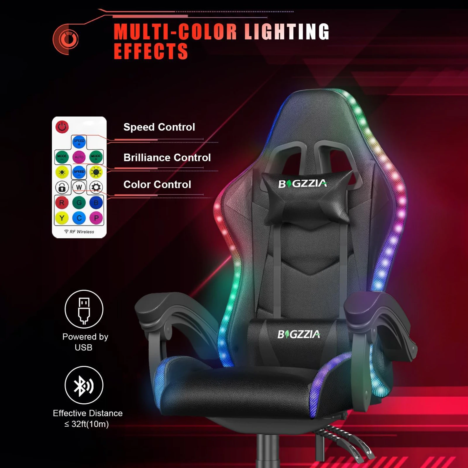 Sedia da gioco RGB Luci a LED Sedia ergonomica per computer Sedia da ufficio reclinabile in pelle PU con schienale alto Supporto lombare regolabile