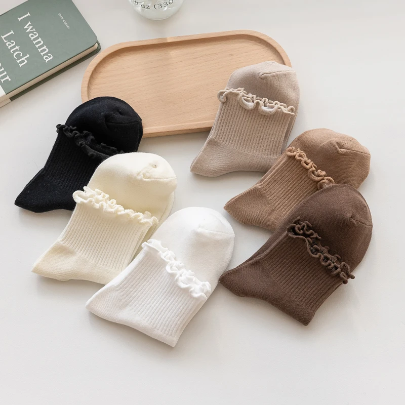 3 par/lote calcetines lindos para mujeres nuevo estilo japonés calcetines cortos transpirables para niñas calcetines sólidos Kawaii calcetines con volantes Casual
