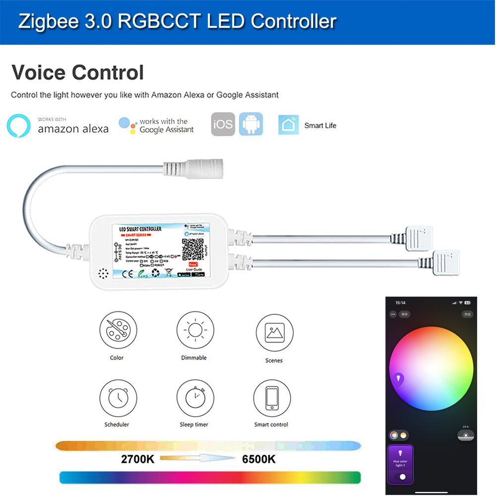 Controlador inteligente Led Zigbee 3,0 DC12V 24V 5050 3528 RGB/RGBWW/RGBCCT/COB atenuador de luz de tira Led para 2MQTT/Tuya/Alexa/Google