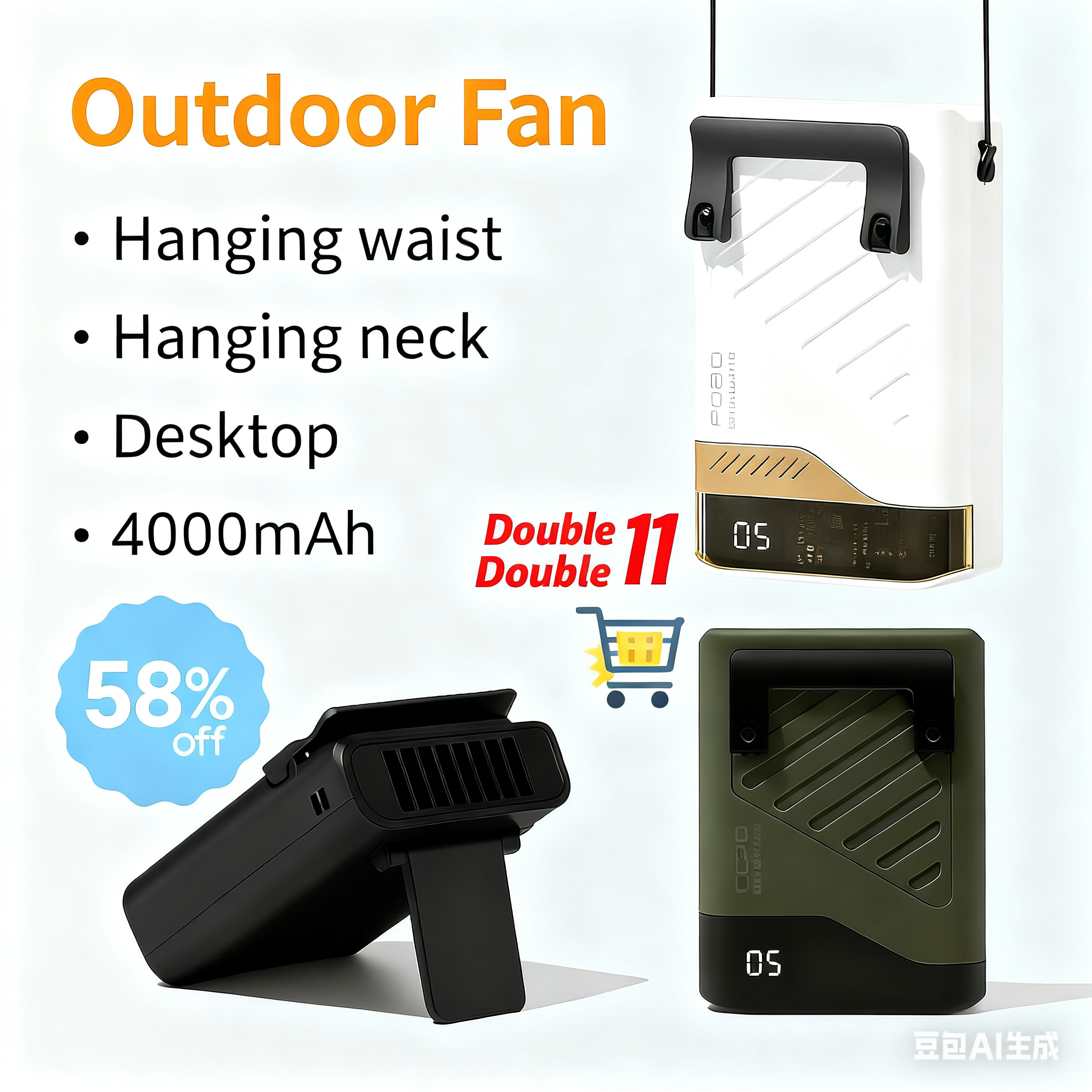Настольный вентилятор — аккумулятор 4000 мАч, длительный срок службы батареи 10 часов, 5 регулируемых скоростей, подвеска на шею и талии для офиса и домашнего использования