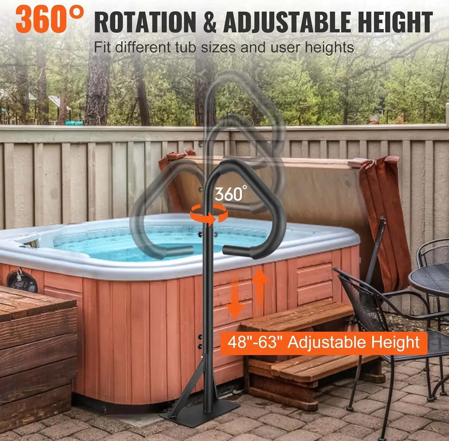 360 Rotatable Spa Side Handrail with 48"-63" Adjustable Height, Rust-proof Aluminum Spa Step Hot Tub Hand Rail, 600LBS Capacity