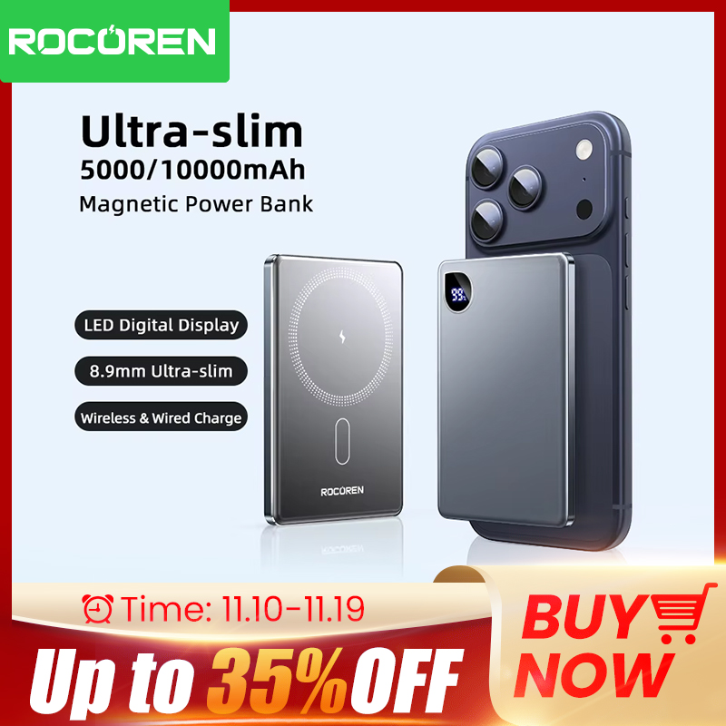 Rocoren 10000 мАч Магнитный PowerBank Быстрая зарядка 5000 мАч Power Bank Портативное беспроводное зарядное устройство Аккумулятор для iPhone 17 16 Pro Max