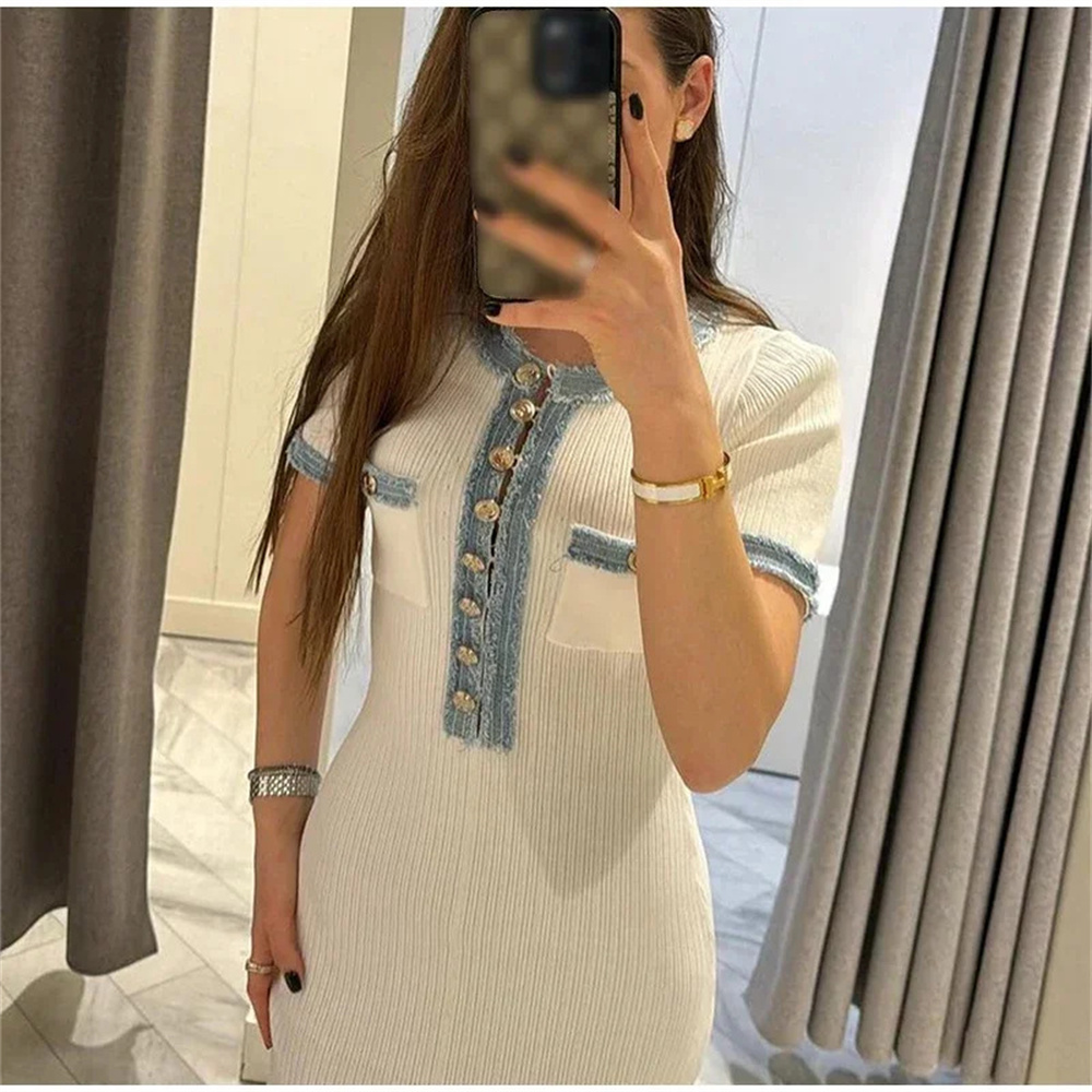 Elegancka kontrastowa damska dzianinowa sukienka maxi szykowna O-neck z krótkim rękawem metalowe guziki sukienki bandażowe typu Bodycon Office Lady szata dojazdów do pracy