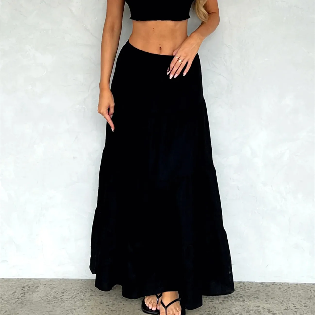 Falda larga bohemia para mujer Y2k, falda larga plisada con volantes y cintura alta elástica, falda informal escalonada de pradera fluida Aline