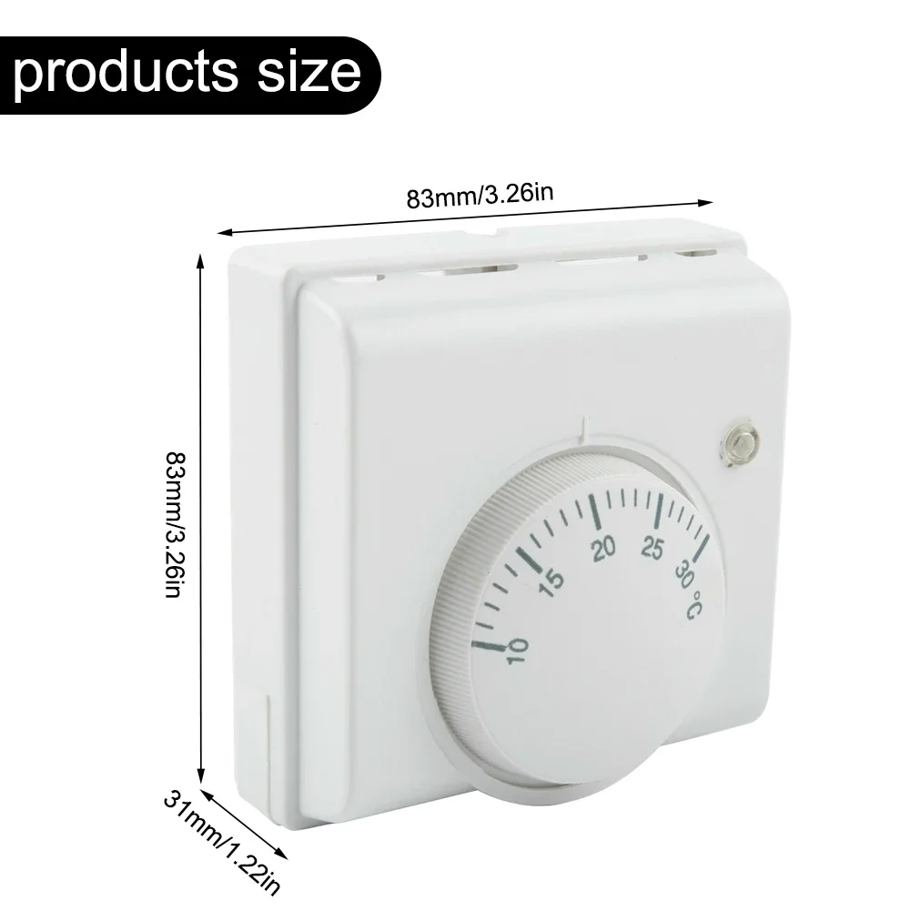 Termostato con interruptor de temperatura L83 X H83 X T31mm controlador mecánico de temperatura ambiente blanco 2 cables 220V AC ABS