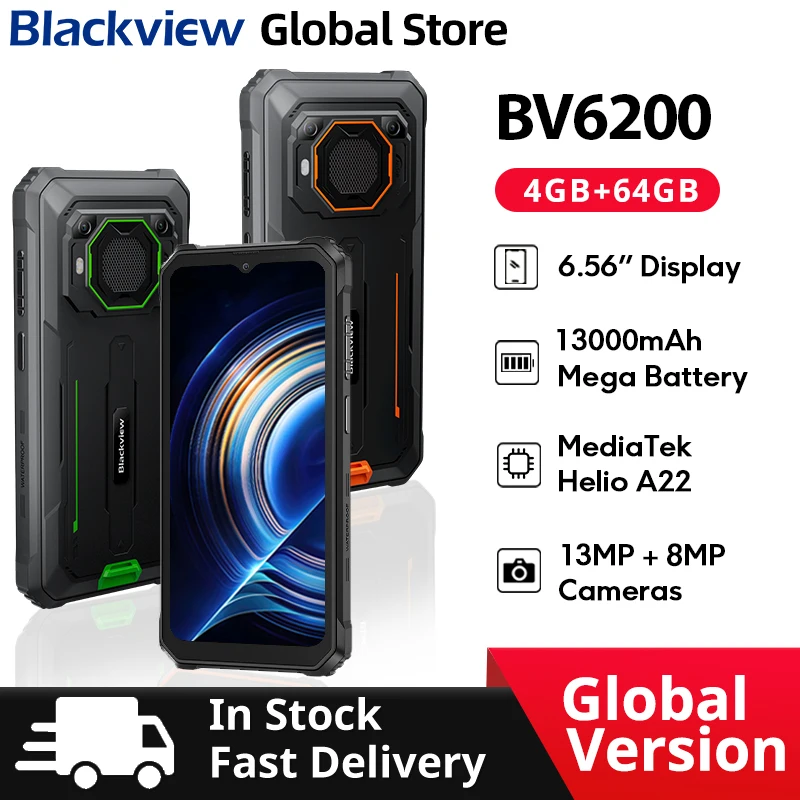 Blackview BV6200 Teléfono resistente Pantalla HD + IPS de 6,56 pulgadas 13000mAh 8GB(4+4) 64GB Cámara de 13MP GPS Android 13 IP68 y IP69K Teléfono móvil