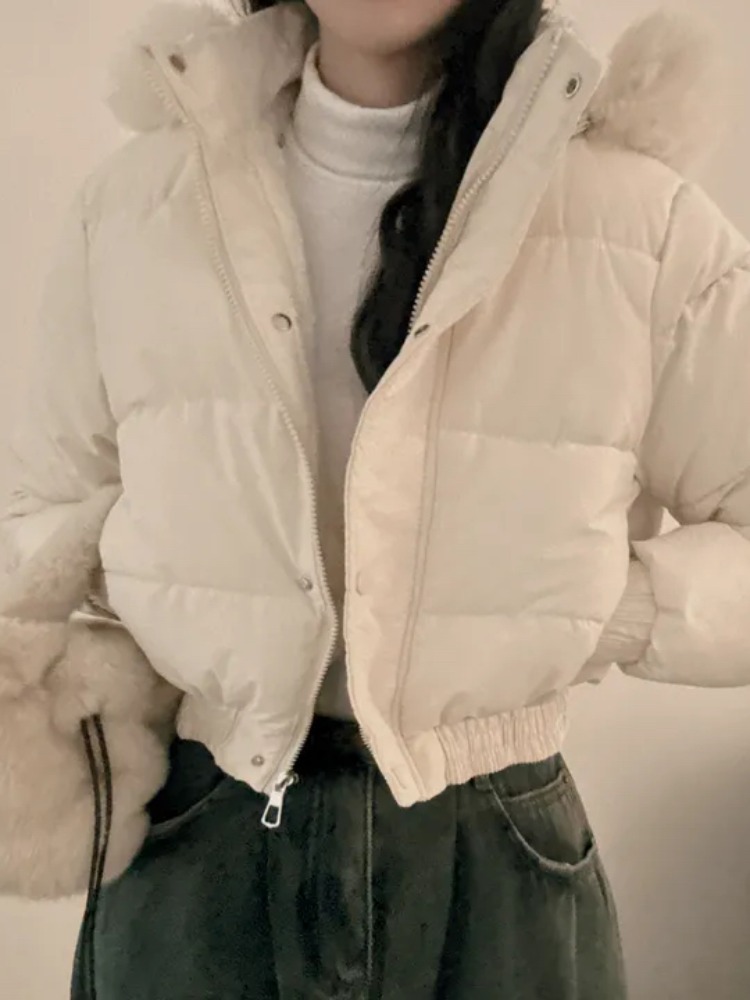 Casaco Curto com Capuz Estiloso e Acolchoado para Outono e Inverno, Jaqueta de Aodão com Forro de Fce para Mulheres