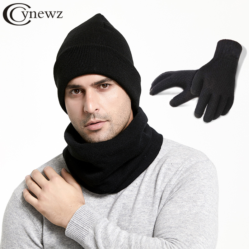 3 Teile/los Männer Winter Hüte Schals Handschuhe Set Fashion Strick Plus Samt Hut Schal Set Kit Männlich Mützen Schal Handschuh