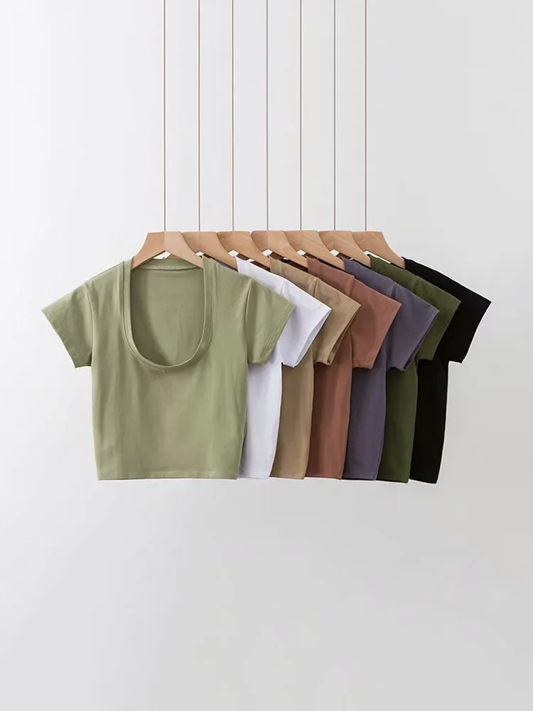 U-คอCrop Topสีทึบผู้หญิงสบายๆเอวสูงTเสื้อBasicเซ็กซี่Streetwearแขนสั้นSlimming