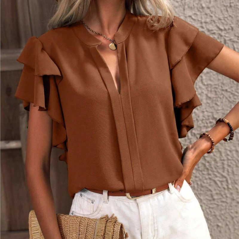 Jersey elegante de color rojo rosa para mujer, blusa informal con cuello en V y mangas con volantes de doble capa, Top de Color sólido 2024