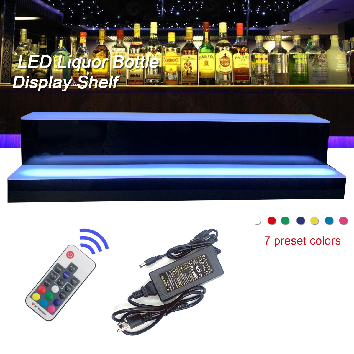 Liquor Bottle Display Shelf, LED Bar Shelves for Liquor, 2/3/4 Step 7 Colors Lighted Acrylic Shelf Home/Commercial Bar