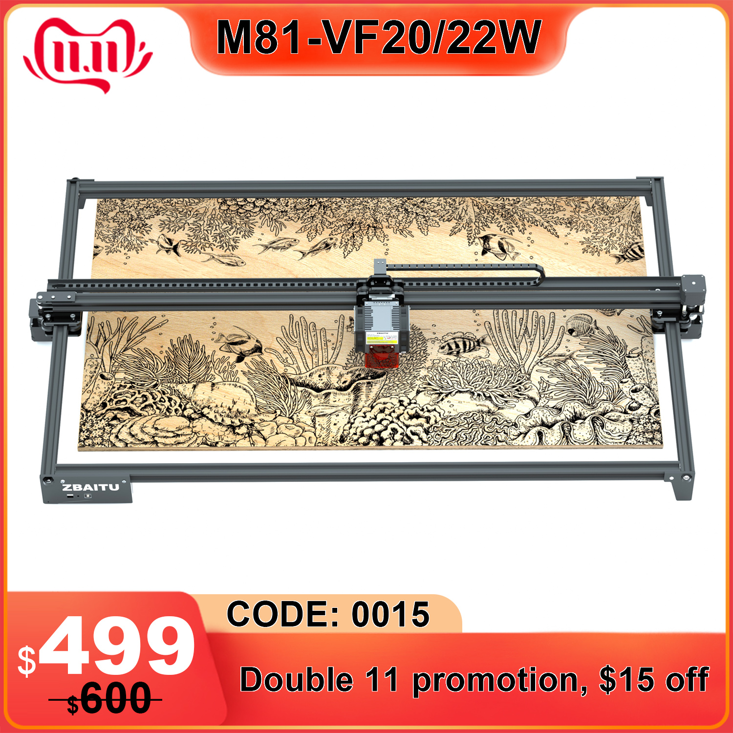 Gravador a laser ZBAITU 20W, tamanho de corte de gravura 81x46CM, ferramenta de carpintaria CNC de potência a laser de 20W com bomba de ar