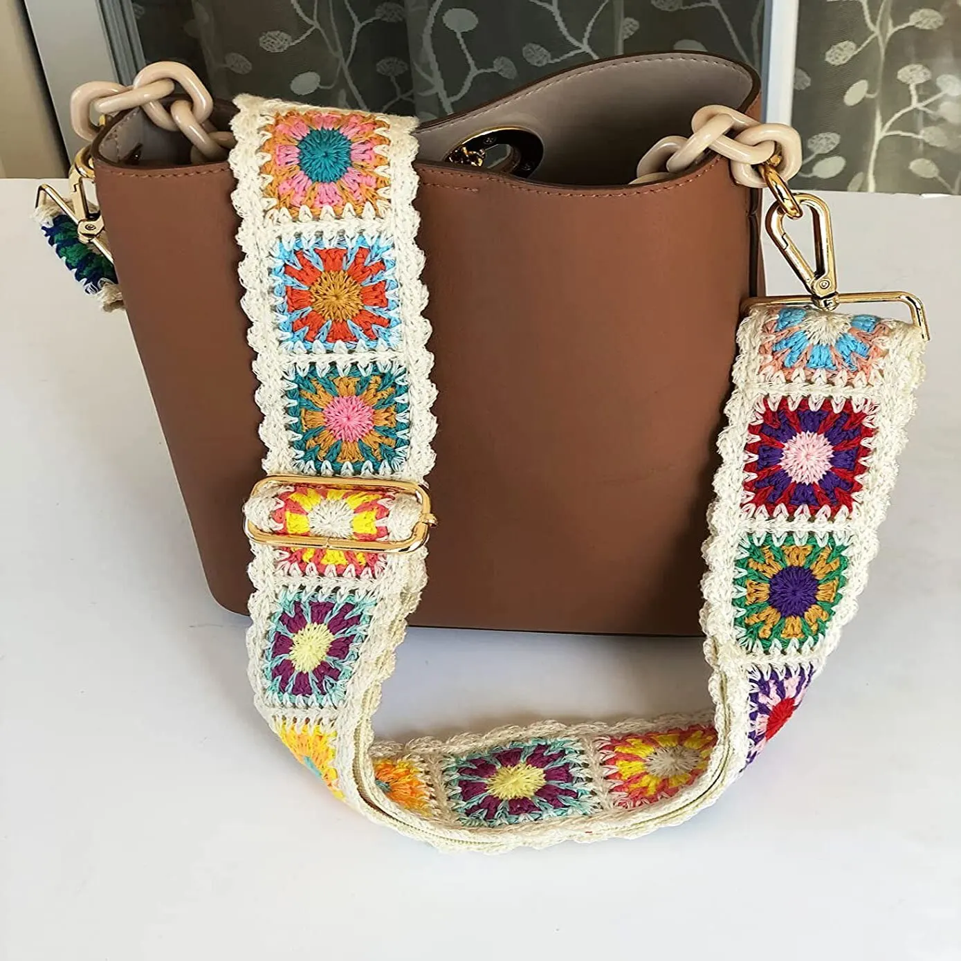 Tracolla per borsa a fiori all'uncinetto alla moda tracolla larga regolabile tracolla per borsa lavorata a maglia fai da te accessori per borsa con ricamo etnico