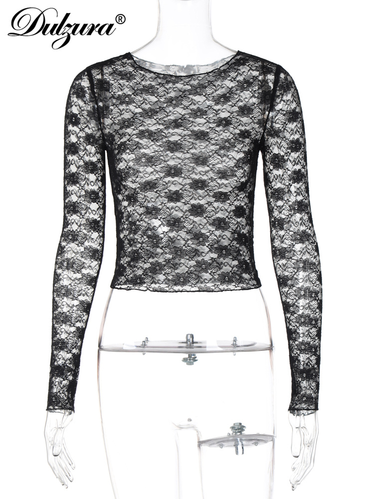 Dulzura 長袖シースルーレースクロップトップ固体セクシーなボディコン Tシャツ女性のためのパーティークラブ春夏服