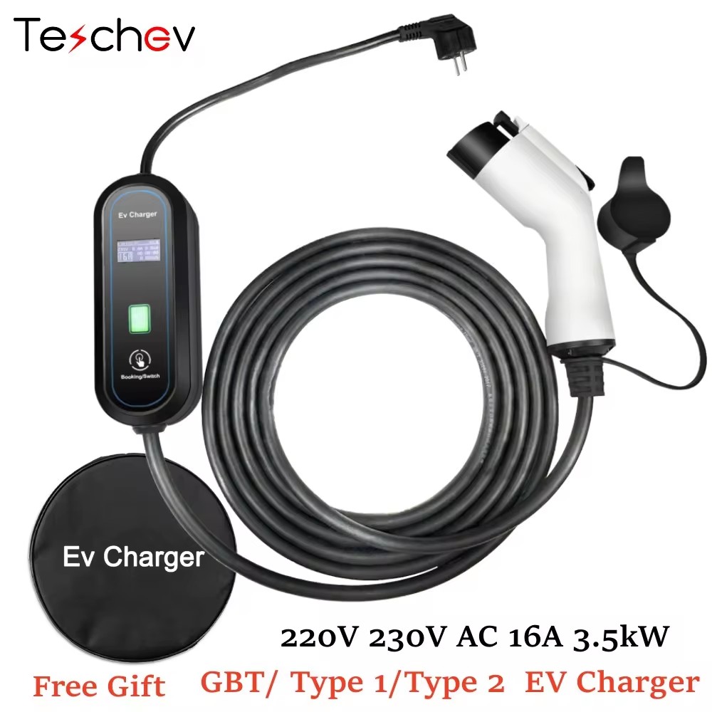Teschev-cargador portátil EV de 220V y 230V, Wallbox 16A Type1 j1772, Cable de carga Type2, enchufe Schuko IEC62196 para coche eléctrico