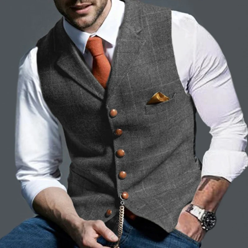 แฟชั่นผู้ชายเสื้อLapel Tweedลายสก๊อตVคอเสื้อกั๊กSlim Fitเสื้อกั๊กธุรกิจอย่างเป็นทางการชุดลําลองงานแต่งงานTuxedoชายเสื้อกั๊ก
