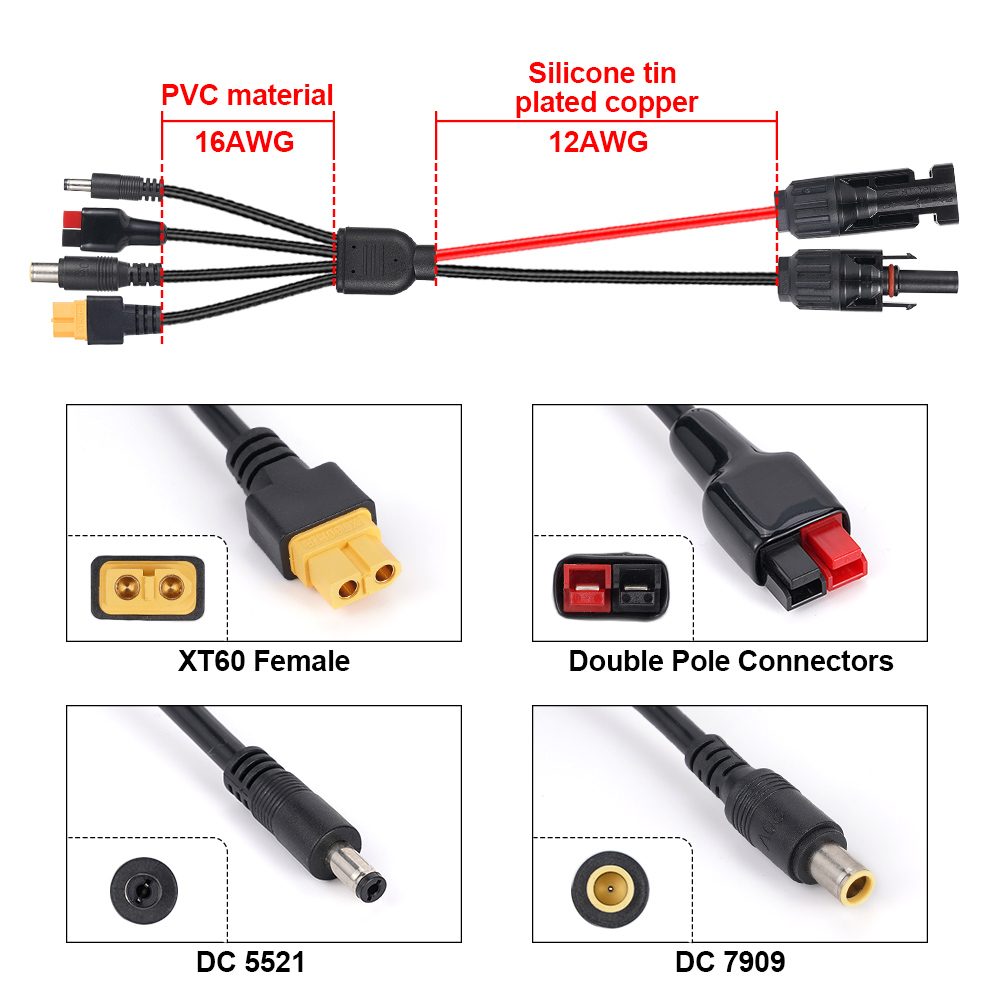 4-in-1 zonnepaneelconnector Verlenglijn XT60 vrouwelijk aansluiting naar DC5521 7909 Kabelsplitterconnector DC-adapter Stekker 12AWG