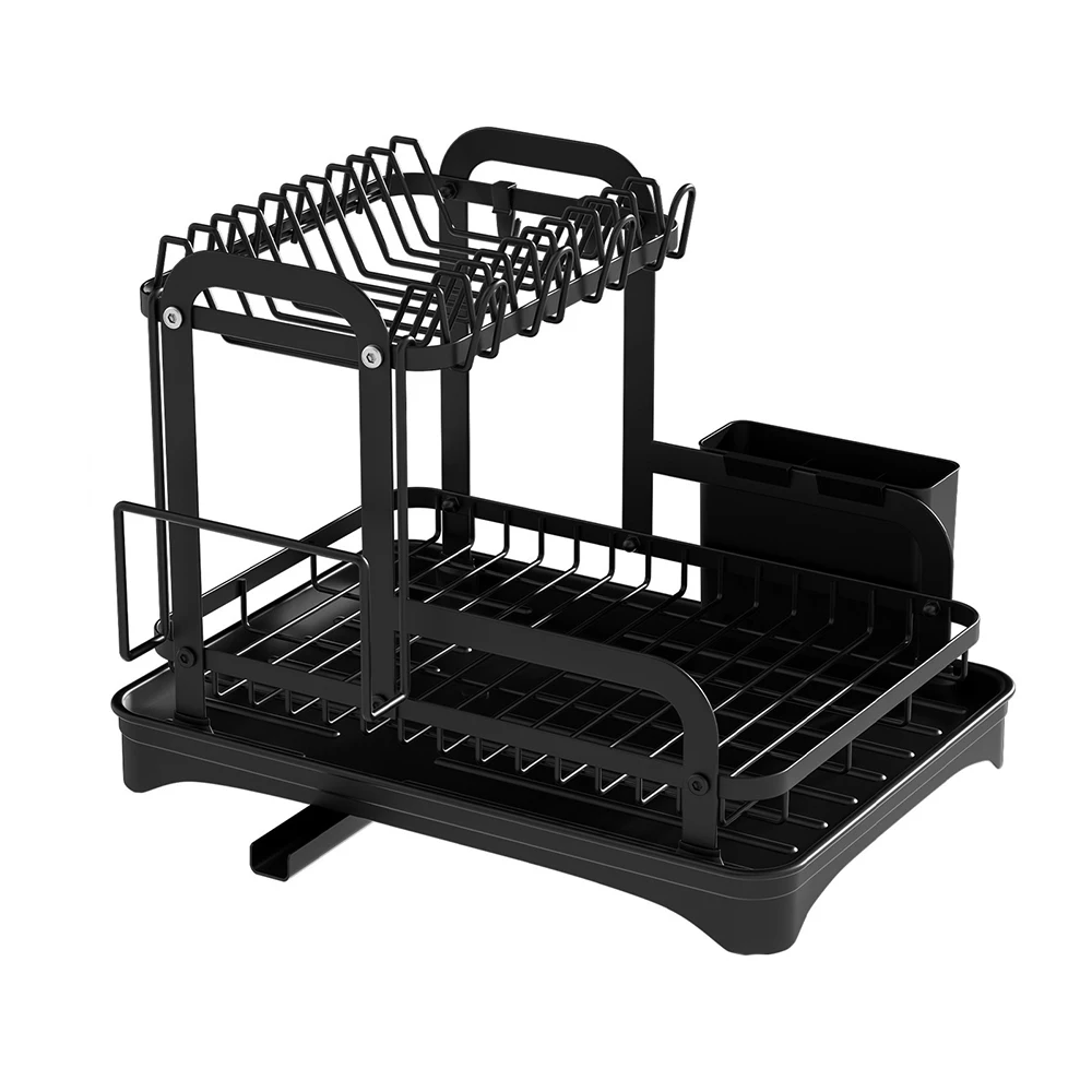 2 ชั้นจานชามDrainer Storage Rackห้องครัวจานDrying Rackพร้อมตะกร้าระบายน้ําเคาน์เตอร์อาหารเย็นOrganizer Drainboard