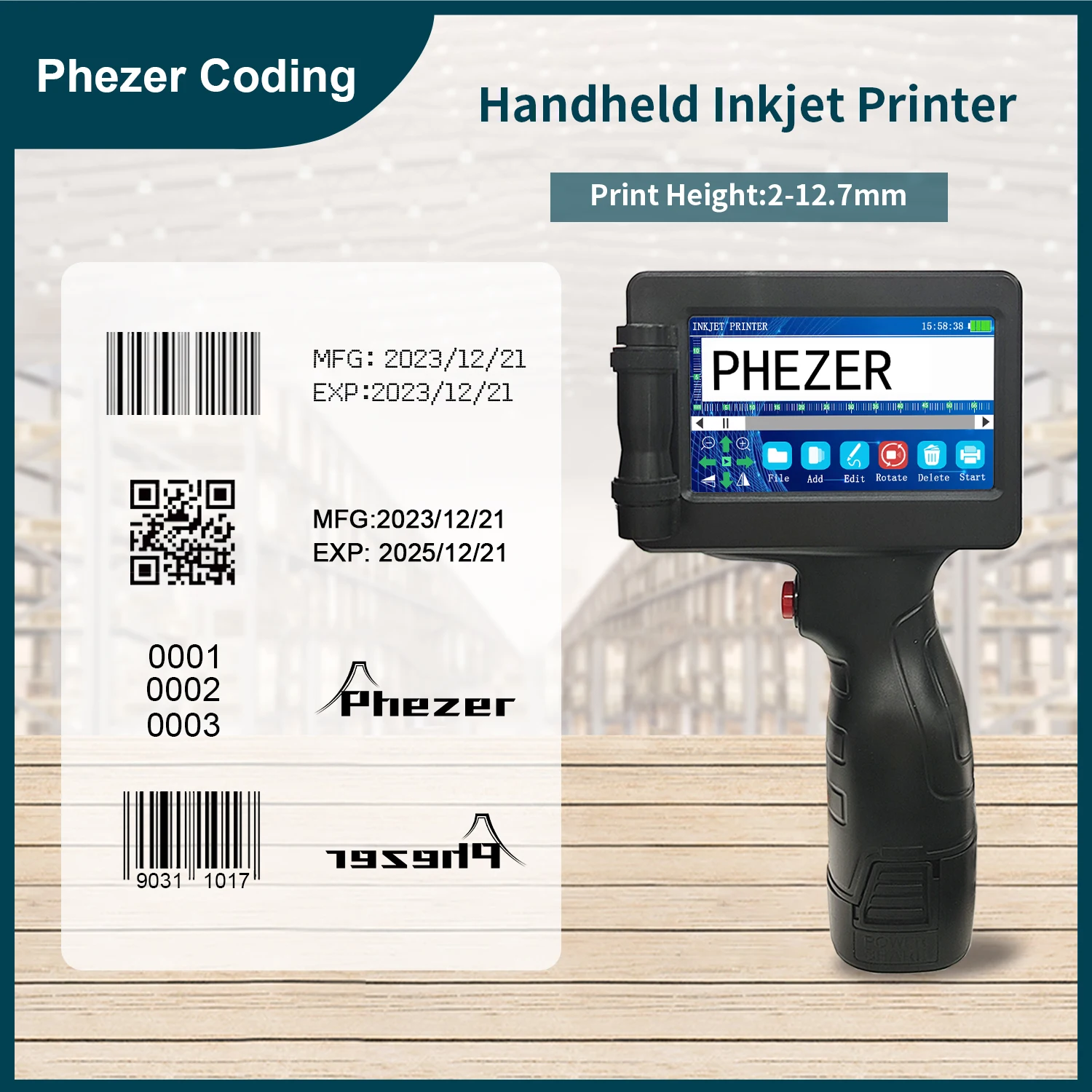 Phezer P17 Impressora jato de tinta portátil Número de data Data de validade Logotipo QR Bar Código de lote Data de validade Impressora de etiquetas de 12,7 mm 28 idiomas