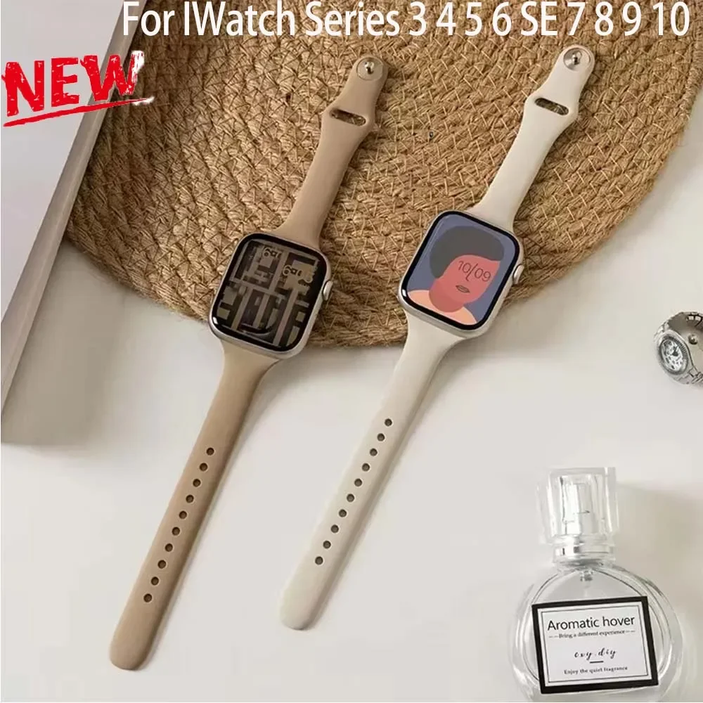 สายซิลิโคนบางสําหรับ Apple Watch 40 44 มม.45 มม.41 มม.38 มม.42 มม.สีสร้อยข้อมือสําหรับ IWatch Series 3 4 5 6 SE 7 8 9 10
