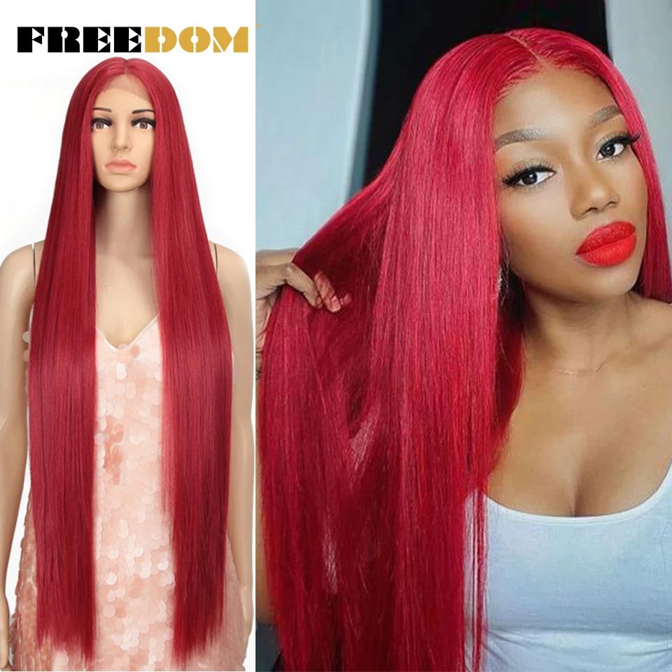 Peluca de encaje sintético FREEDOM, peluca larga y recta de 38 pulgadas con parte profunda, pelucas de Cosplay de color rosa ombré, pelucas frontales de encaje sintético para mujeres negras