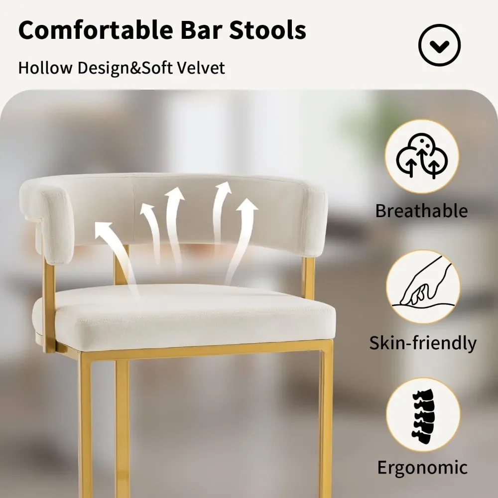 Beige Modern Velvet Bar Stools with Barrel Backrest, Upholstered Seat, and Metal Footrest – 25.6-Inch Seat Height