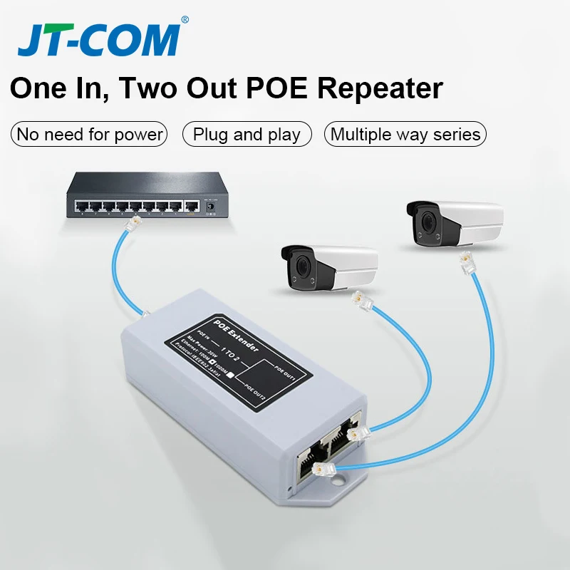 Extensor poe de 1 a 2 portas 100mbps ieee 802.3af/at padrão 48v para câmera ip nvr poe estender 100 metros para alcance poe