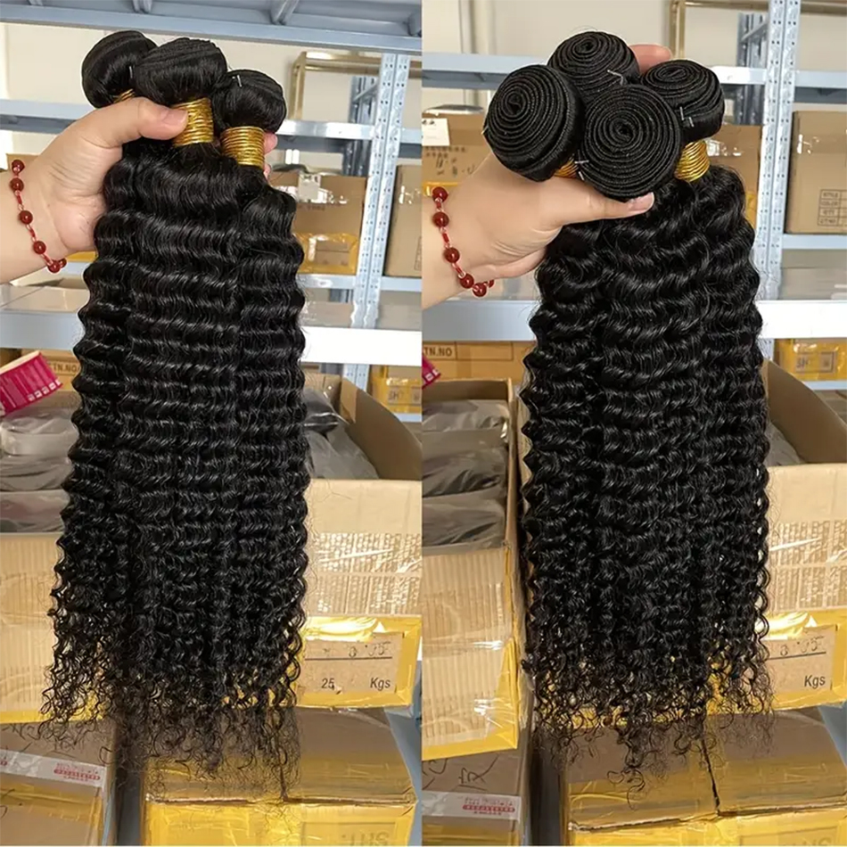 Indian Deep Wave Human Hair Bundles Unprocessed Raw Virgin Weave Curly Wave Human Hair Extensions Natural Color 30Inch Wholesale