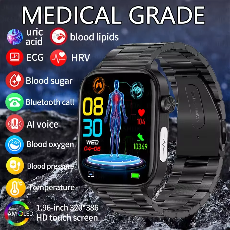 Smart Watch for Men, Saúde Smartwatch, Diagnóstico Médico AI, Lipídios Sanguíneos, Ácido Úrico, Glicose Sanguínea, Voz, Chamada Bluetooth, ECG, PPG, Novo, 2024