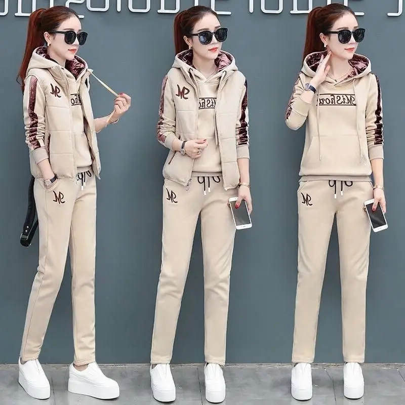 Traje de sudor informal para mujer, Tops con capucha gruesos de felpa a la moda, chaleco, pantalones, conjunto de 3 piezas, otoño e invierno, 2022