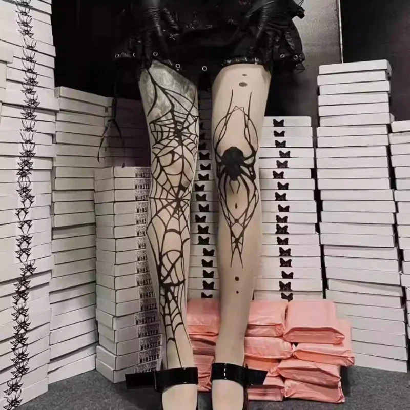 Medias góticas de seda con diseño de araña grande, medias de rejilla oscuras Vintage góticas para mujer, pantimedias sexis de bruja con telaraña alternativa Emo