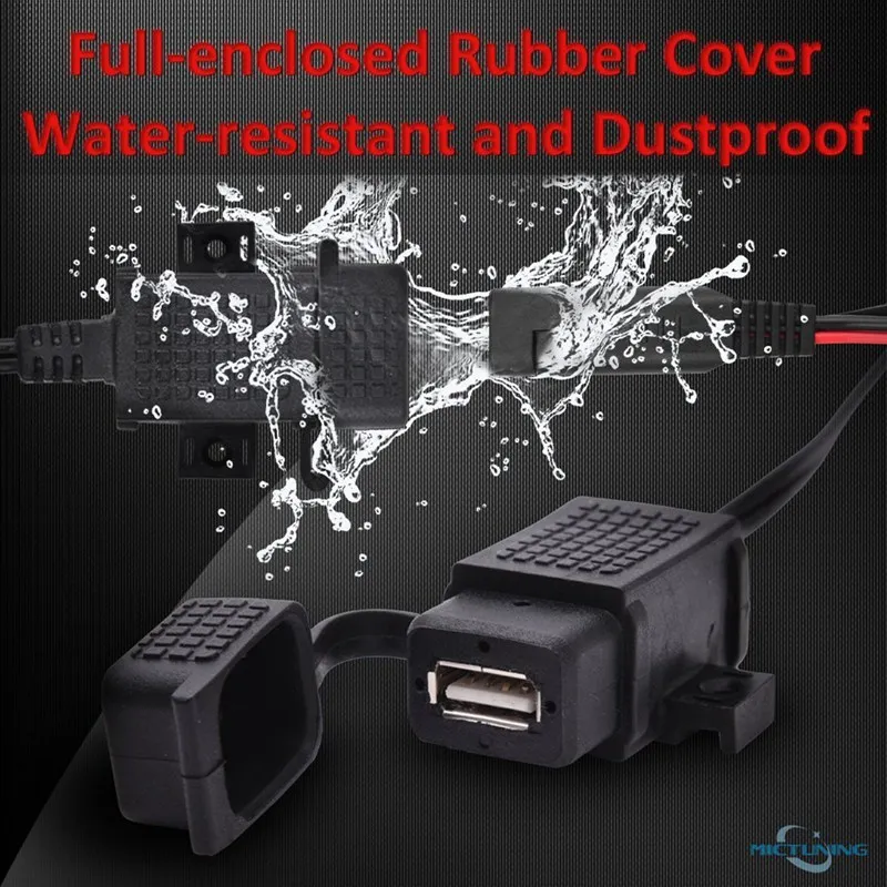 Adaptador de cabo sae para usb com fusível em linha, carregador à prova d'água para motocicleta, porta de carregamento rápido 2.1a para telefone e tablets 12-24v