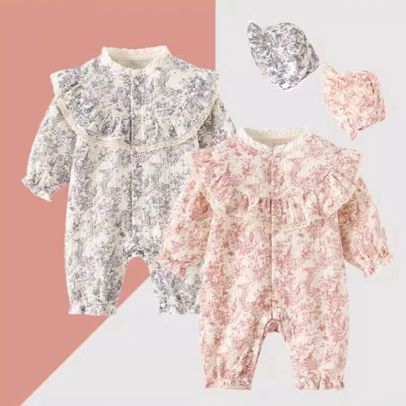 Monos con pintura de tinta para niña recién nacida, mono de algodón para niña pequeña, ropa para primavera y otoño, peleles infantiles + sombreros