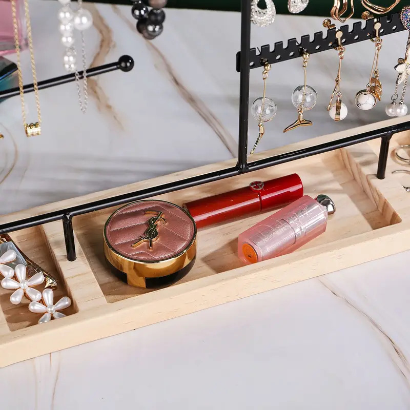 Wielofunkcyjny stojak na kolczyki, organizer na naszyjniki i pierścionki, odłączana drewniana podstawa, stojak na bransoletki, zegarki i biżuterię dla kobiet.