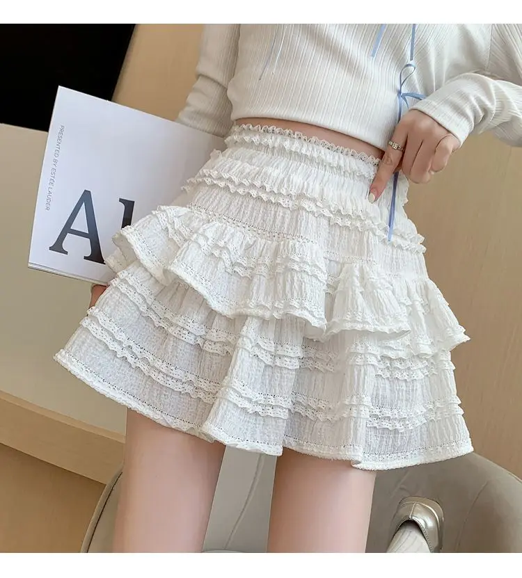 Gidyq süße süße Spitze Minirock Frauen Kawaii weiße Rüschen Falten röcke Sommer koreanische hohe Taille schwarz lässig eine Linie Rock