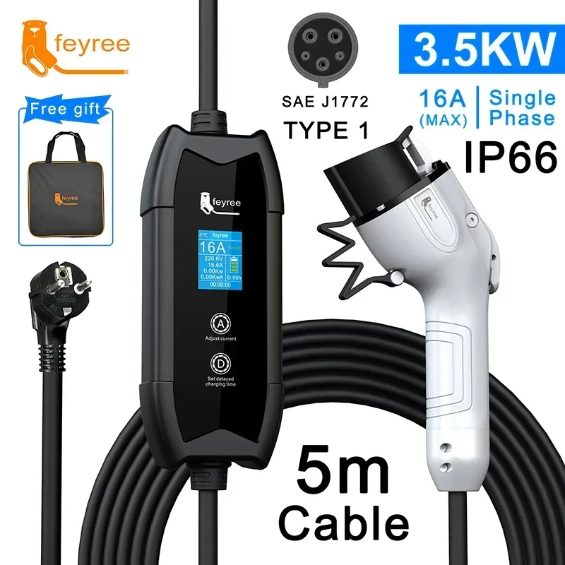 Feyree EV 充電器タイプ 2 16A 3.5kW GBT 電気自動車 5 メートル充電ケーブル J1772 タイプ 1 ウォールボックス電気自動車車用