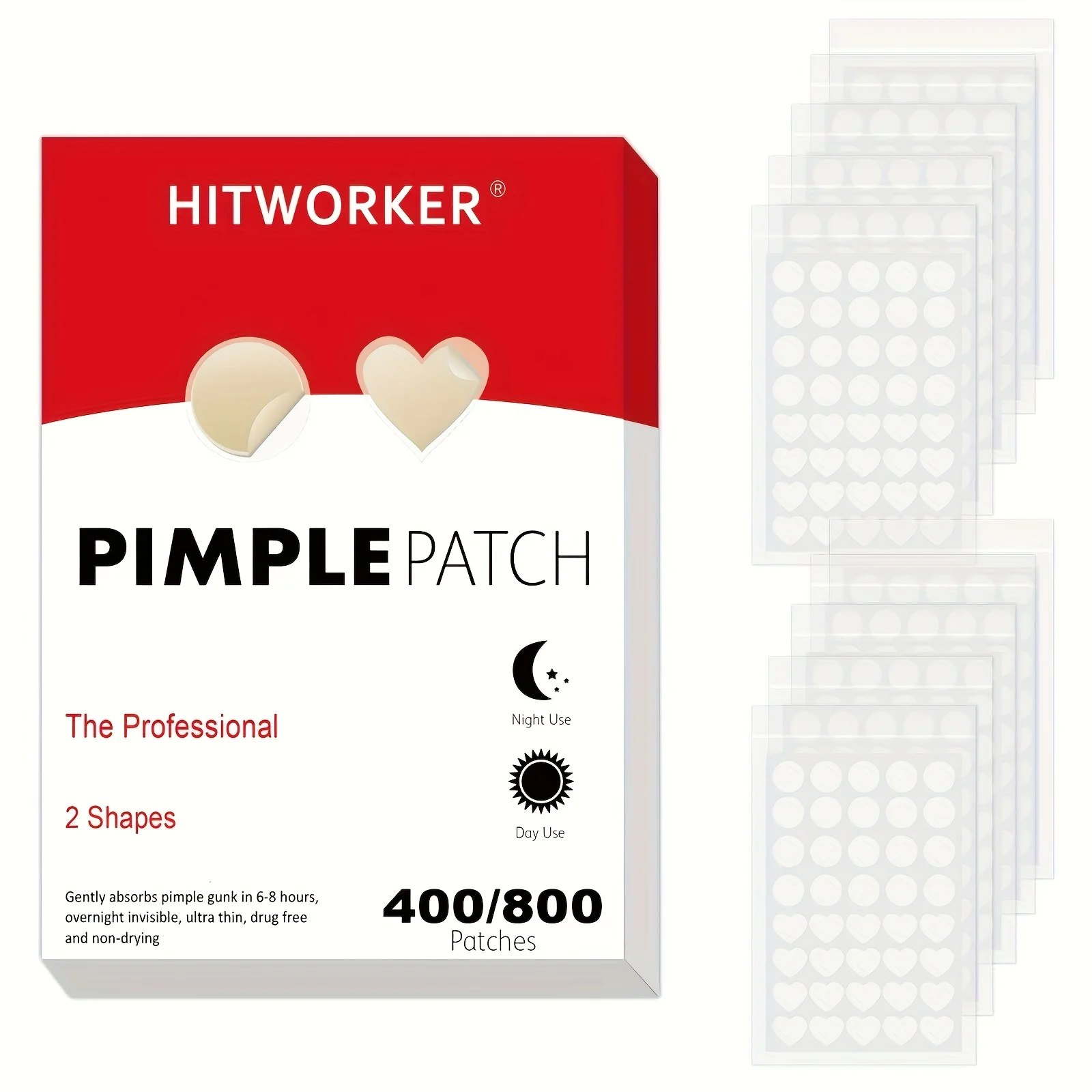 400/800pcs Patches hidrocolóides para acne HITWORKER, 2 tamanhos, uso diurno e noturno, bege, controle de óleo, sem fragrância