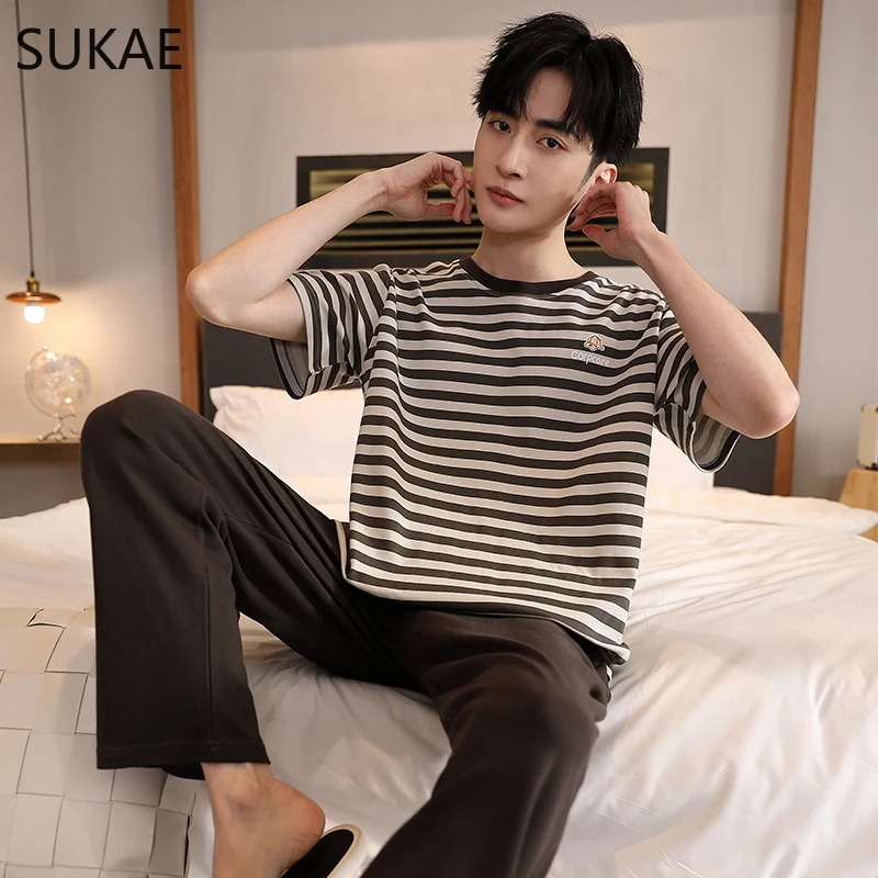 SUKAE ชาย Lougewear PLUS ขนาด L-5XL ฤดูร้อนผ้าฝ้ายชุดนอนสําหรับชายผู้ชาย Pj แขนสั้นเต็มกางเกงชุดนอนบุรุษชุด