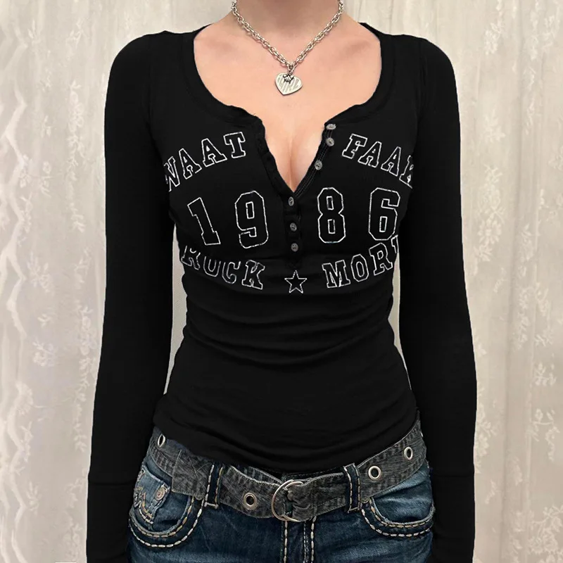 黒 Tシャツ女性秋レタープリントストリート長袖 O ネックボディコンセクシーなトップボタンファッションカジュアルスリム Tシャツ女性