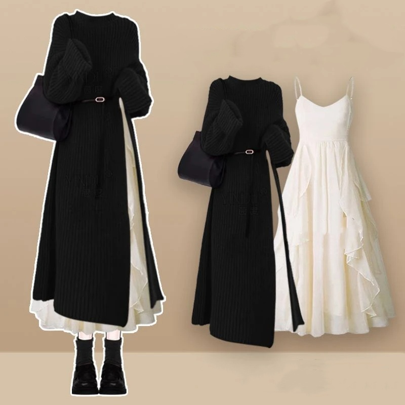 Женское весенне-осеннее длинное платье-свитер с разрезом на бретельках, комплект из двух предметов, женская изящная черная трикотажная одежда, платья без рукавов, наряды
