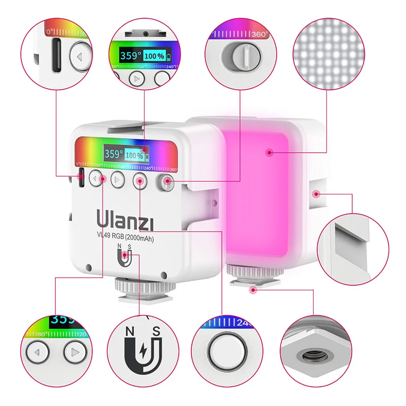 VIJIM Ulanzi VL49 Full RGB LED/2500K-9000K 800LUX Từ Mini Lấp 3 Lạnh giày 2000MAh Loại-C Camera Ánh Sáng