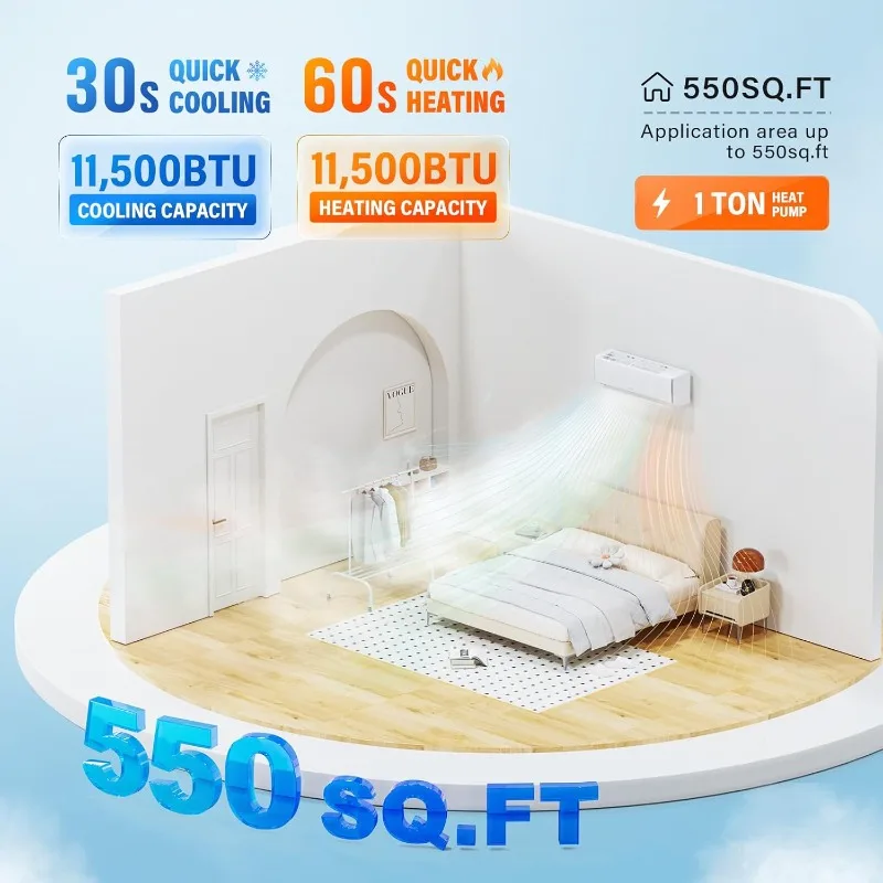 11000 BTU Wifi Enabled Mini Split Air Conditioner & Heater, 17 SEER2 230V Inverter Ductless Wall AC Unit