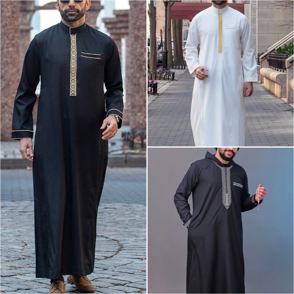 Robe masculino muçulmano bordado solto luxo saia longa ramadan oração kaftan paquistão traje thobe cavalheiro vestido tradicional