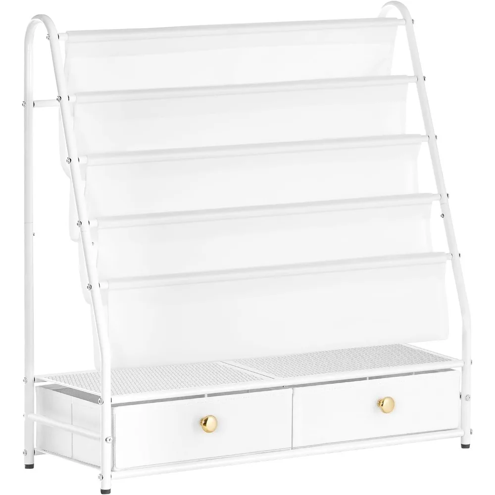 Kids Bookshelf, 4 Tier Bookcase, Kids Sling Book Rack with 2 Fabric Drawers, Storage Nursery Book Shelf for Children