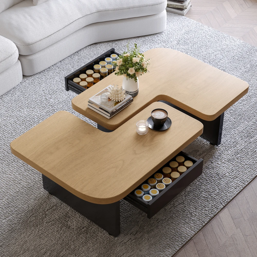 Mesa de centro moderna com design LED feita de madeira ecológica, design em cor de madeira natural, 2 gavetas, pés ajustáveis em altura