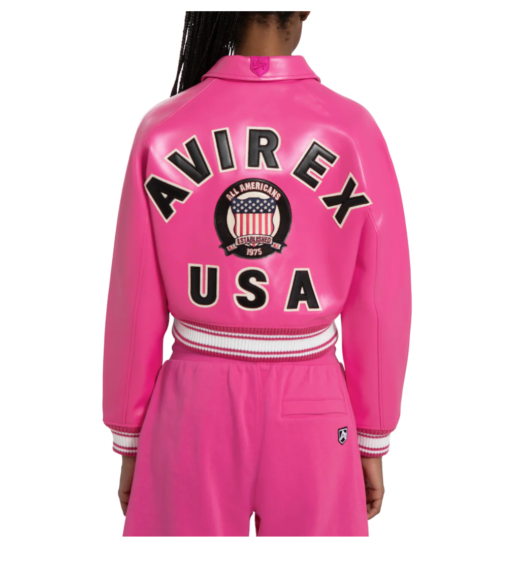 Avirex เสื้อแจ็กเก็ตบอมเบอร์สำหรับผู้หญิงเสื้อคลุมหนังแกะสไตล์ยุโรปโบราณเสื้อโค้ทหนังสีชมพูสำหรับฤดูใบไม้ผลิ2024ใหม่