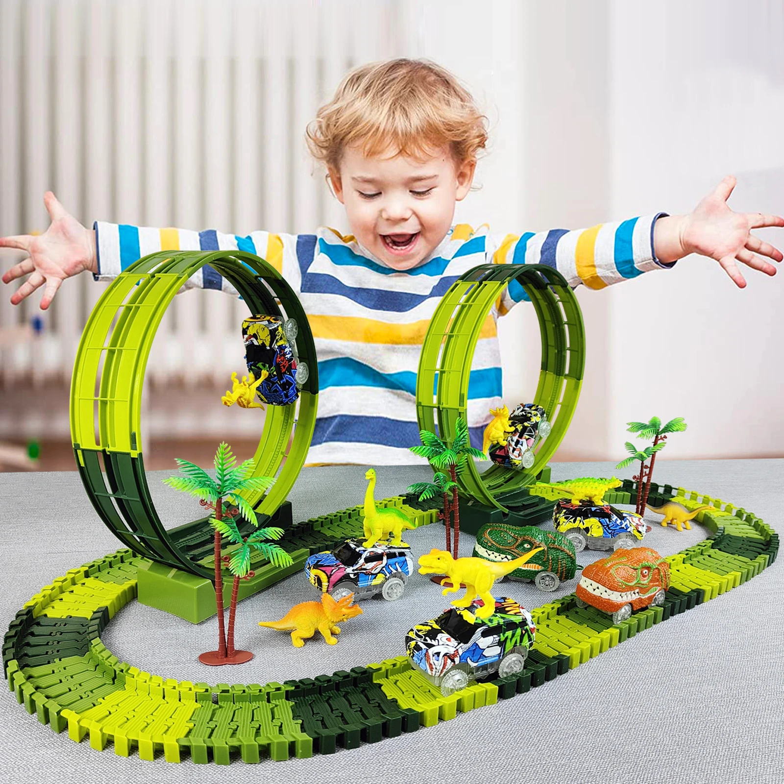 Magic Climbing ไดโนเสาร์ไฟฟ้ารถรางรถไฟของเล่นรถชุด Bend ยืดหยุ่น Race Track แสงแฟลชรถคุณภาพสูงของเล่นสําหรับเด็ก