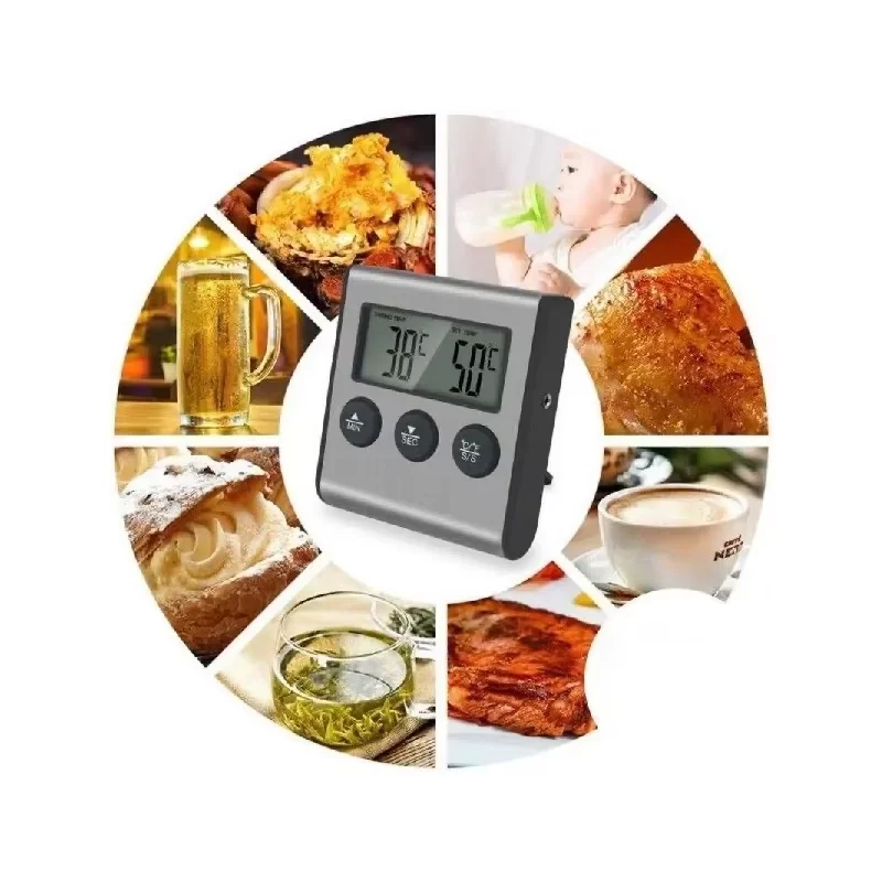 Digitales Küchenthermometer für Fleisch und Lebensmittel, Temperatur für Backofen, Grill, Timer-Funktion mit Sonde, Wärmemessgerät zum Kochen