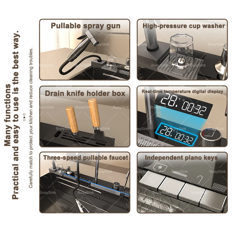 Fregadero de cocina de acero inoxidable con cascada, fregaderos de lavavajillas multifuncionales con pantalla Digital de un solo tazón Extra grande de 100x50cm