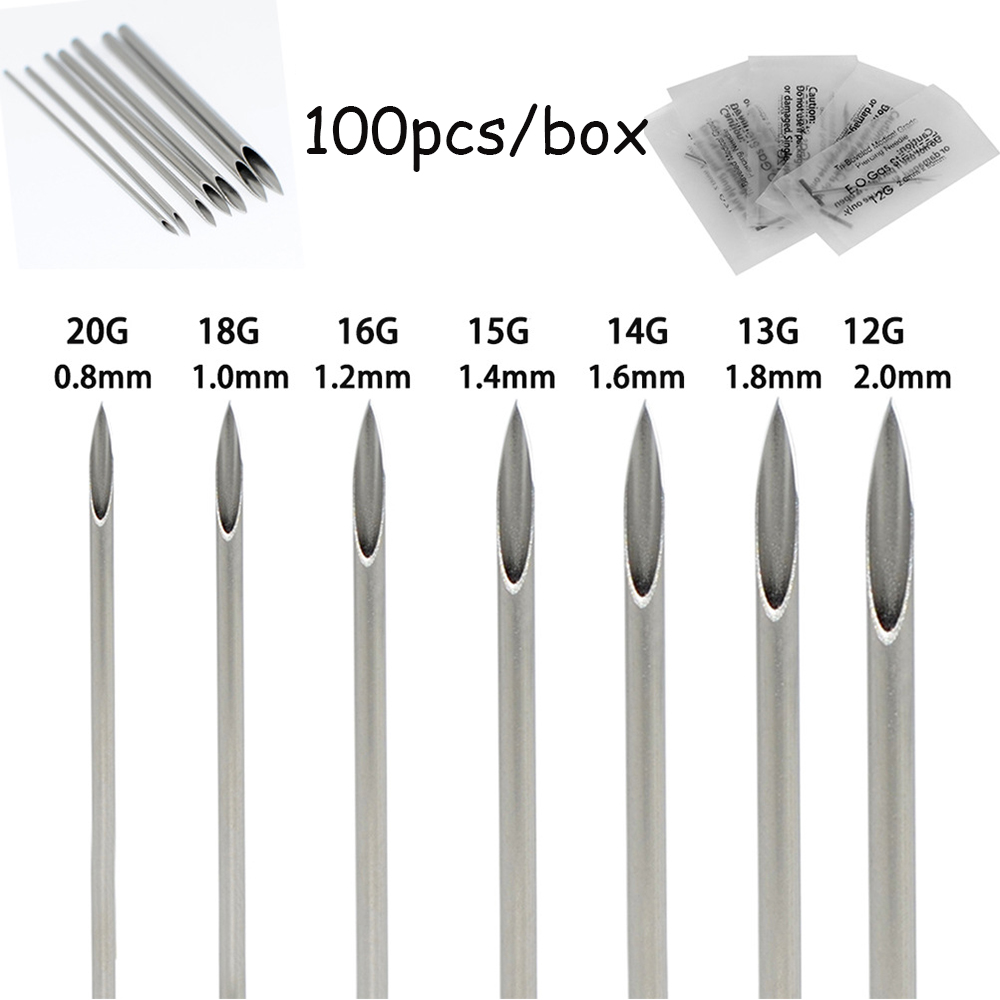 100 unids/caja aguja para Piercing corporal estéril desechable 10G 12G 14G 16G 18G 20G acero estéril desechable para oreja nariz ombligo pezón labio